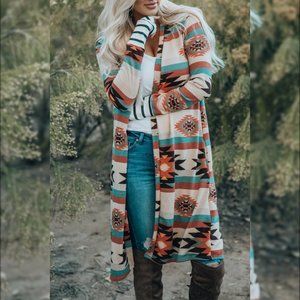 Multicolor Geometric Color Block Open Front Long Cardigan